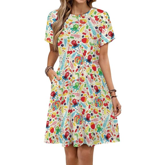 Candy Pattern - White Women's Dress Short Sleeve Summer Sundress Summer Women Clothes
