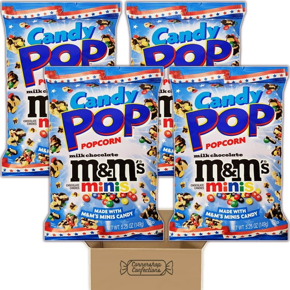 Candy Pop Bulk Pack - M&M's - 4 Individually Sealed 5.25 Ounce Bags - Candy Coated Popcorn - Made With M&M's Minis Candy - For Snacks, Lunches, Movie Nights - In A Cornershop Confections Pack