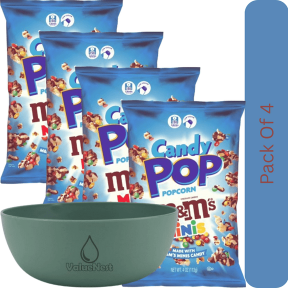 Candy Pop M&Ms Minis Popcorn, Sweet and Crunchy Chocolate Snack, 4 oz Bag with olive green bowl by ValueNest