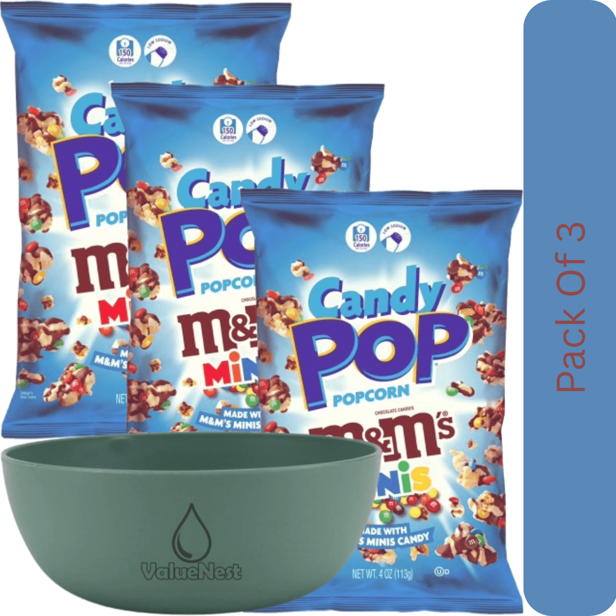 Candy Pop Popcorn Made with M&M’s Minis, Sweet & Salty Snack, 4 oz Bag with olive green bowl by ValueNest