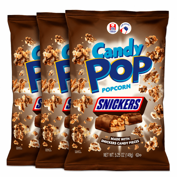 Candy Pop SNICKERS Candy Coated Popcorn, Sweet & Salty Snack, 5.25 oz Bags, 3-Pack