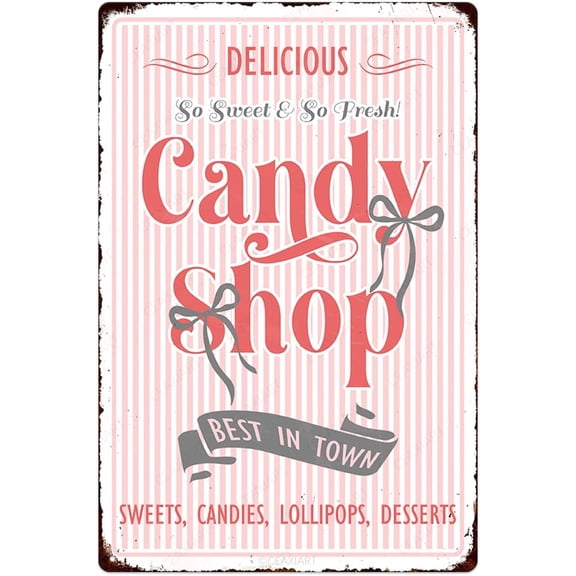 Candy Shop Tin Signs Sweets Candies Lollipops Desserts Store Vintage Poster Metal Sign Art Wall Decor for Home Kitchen Bar Cafe Retro Pink Hanging Plaque 8X12 Inch
