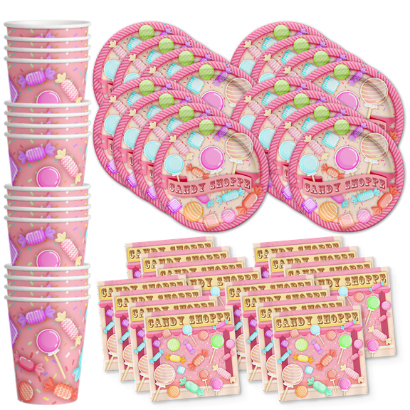 Candy Shoppe Birthday Party Supplies Set Plates Napkins Cups Tableware Kit for 16