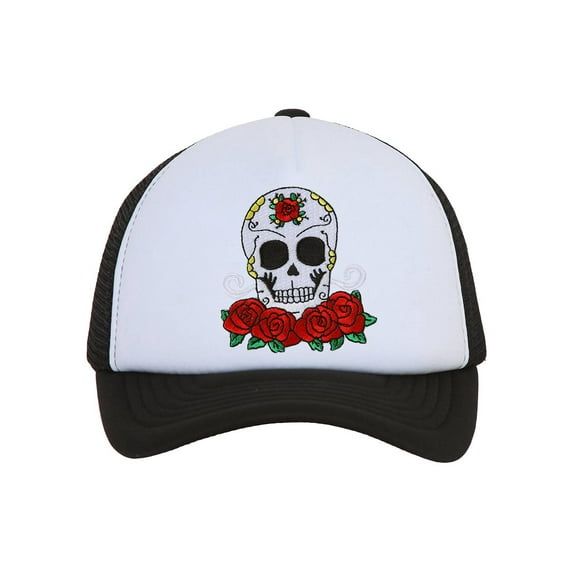 Candy Skull and Roses Black Trucker Mesh Snapback