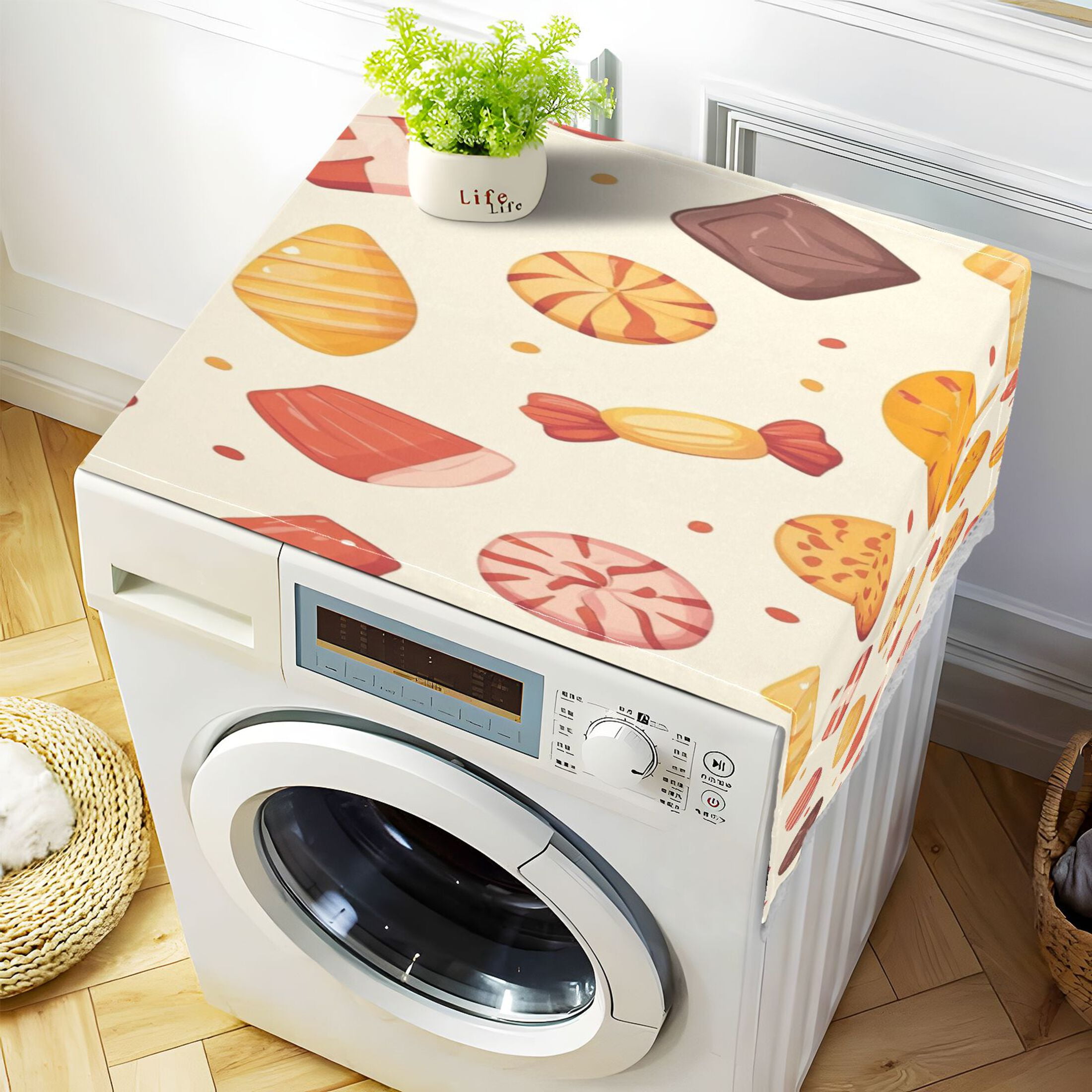 Candy and Snacks PatternWasher and Dryer Covers Dust-Proof and Oil Resistant Fridge Cover with 4 Storage Pockets Washing Machine Top Cover for Laundry Kitchen Home 51.2 x 22 In