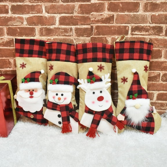 Candy Socks Christmas Plaid Socks with Santa Snowman Reindeer Half-Dimensional Design for Holiday Decor and Candy Filling 1Pcs Rkxzt