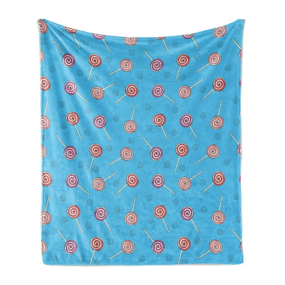 Candy Soft Flannel Fleece Throw Blanket, Swirl Motif Tasty Lollipops Cartoon Style Rhythmic Retro Candy Shop Pattern, Cozy Plush for Indoor and Outdoor Use, 70" x 90", Deep Sky Blue, by Ambesonne
