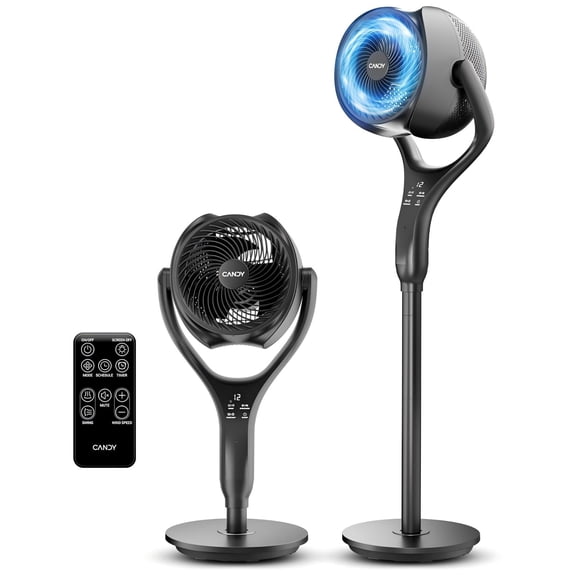 Candy Standing Fan for Bedroom, 90 & 120 Oscillating Pedestal Fan, 3 Heights Adjustable Floor Fan with Brushless DC Motor, 12 Speeds, 3 Modes, Night Light, 12H Timer, Remote for Home