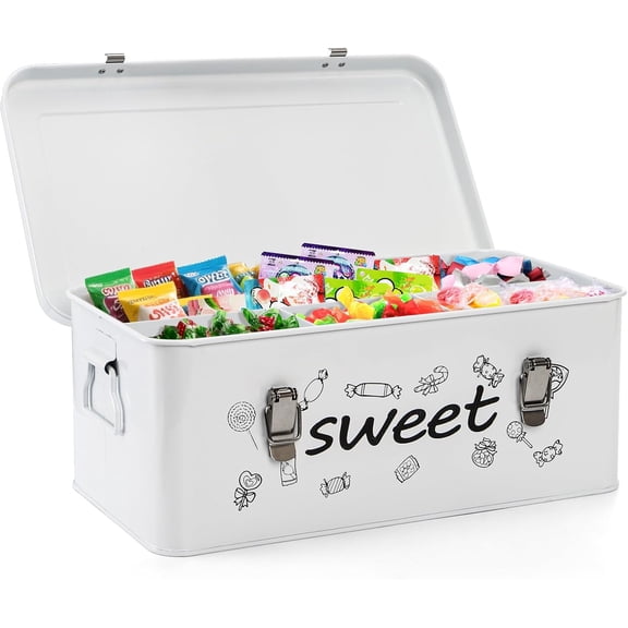 Candy Storage Box, 4 Compartments Metal Candy Cookies Snacks Storage Tin Box with Lid Food Storage Container Farmhouse Kitchen Pantry Canister with Handle and Safety Lock