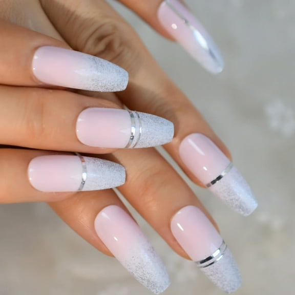 Candy Stripe, Pink Glitter Ombre French Press On Nails, Extra Long Coffin Ballerina Fake Nails Set