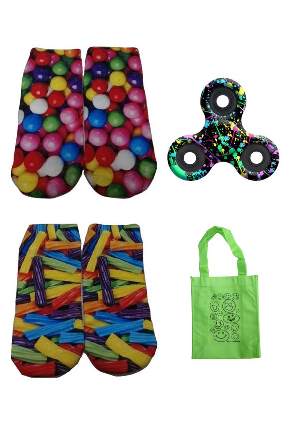 Candy Themed Big Girls' Ankle No Show Socks, Spinner & Tote Multi-Pack Gift Set (9-11)