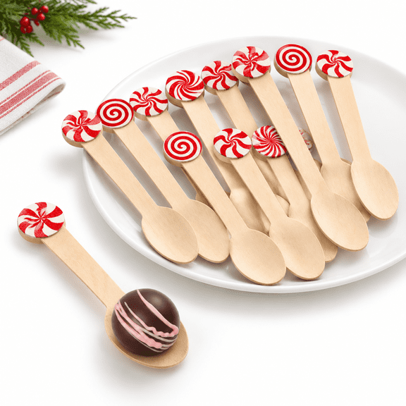 Candy Themed Disposable Wooden Tasting Spoons, 120 Pack for Holiday and Daily Use