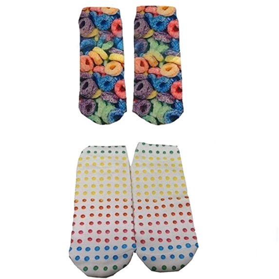 Candy Themed Junior Women's No Show Socks-2 Pairs (Dots/Rainbow Cereal)
