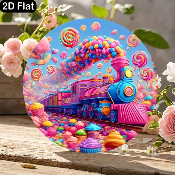 Candy Train Fantasy 11.8x11.8 Inch Round Wooden Wall Sign – Whimsical Colorful Train with Candy Smoke, Cupcake Field & Lollipops, Pastel Dreamlike Sticker Style Decor for Kids Room, Playroom, or Nurs