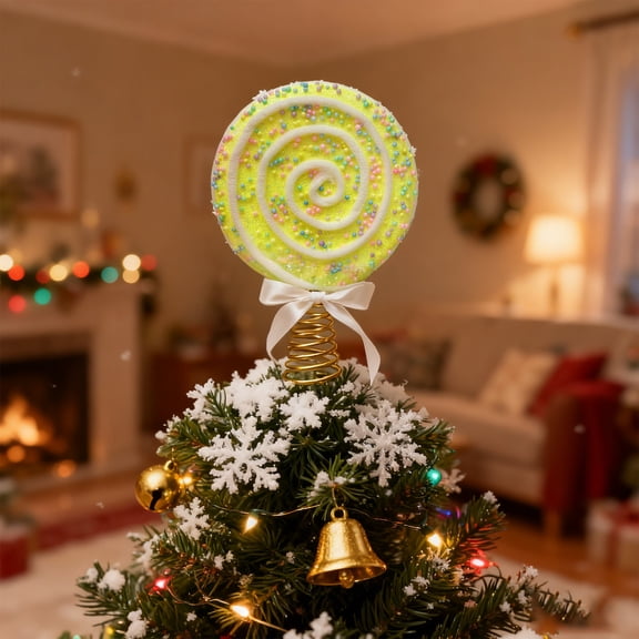 Candy Tree Topper Pastel Lollipop Tree Topper With Bow 7.9"X5.9" Sparkling Candy Cane Treetop Decoration Candy Themed Ornament For Xmas New Year Birthday Party Home Decor