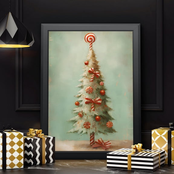 Candy Tree Wall Art, Candy Cane Posters, Vintage Wall Decor, Art, Rustic Art,, Stretched Canvas Size 16x24