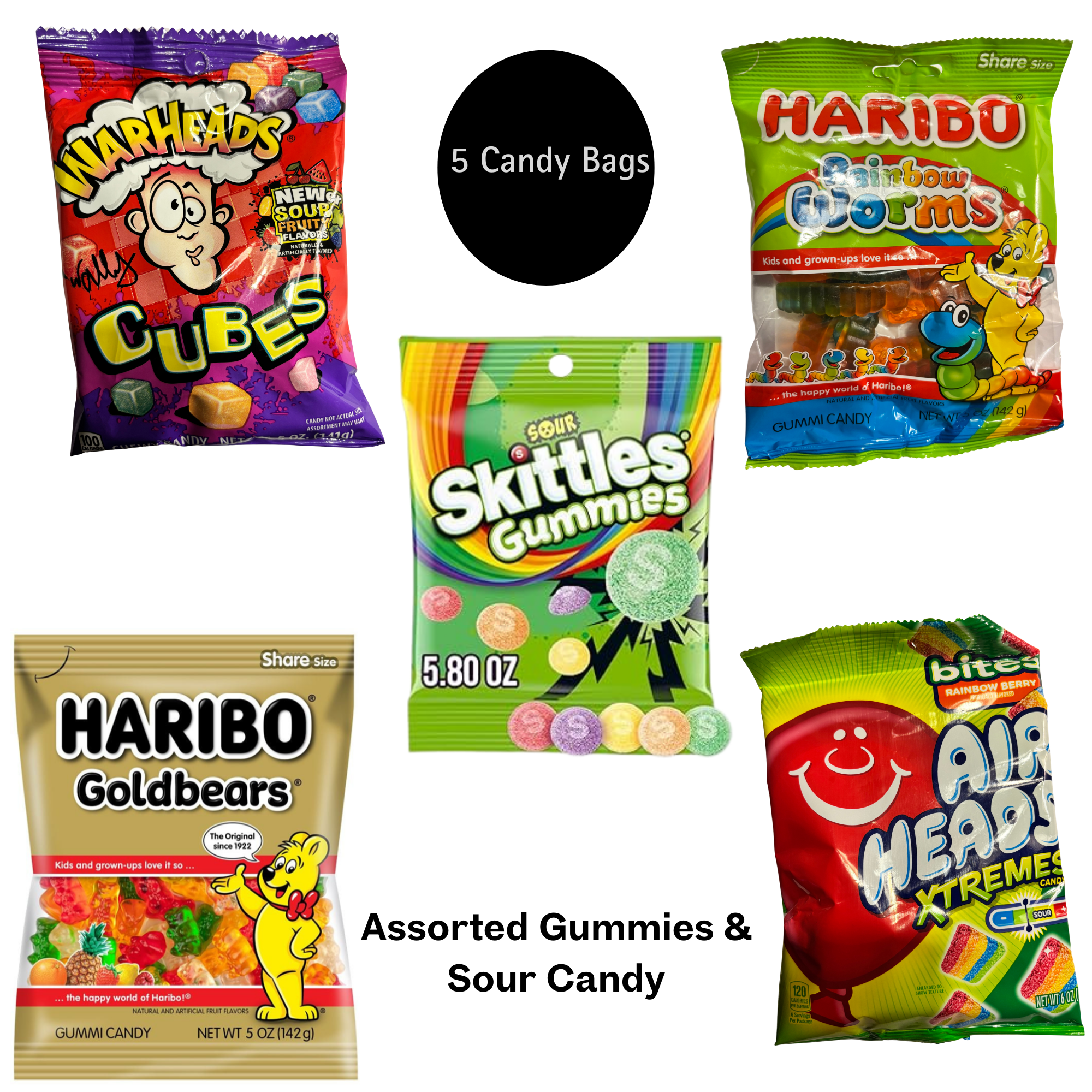 Sour Candy Variety Pack - 5 Bags Best Value Mix : Skittles Gummies, Airheads , Warheads & More