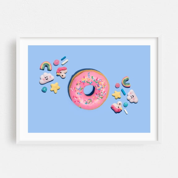 Candy and pink doughnut - Photography Dessert Whimsical Pop Art Pastel Breakfast Kitchen Decor Illustration White Framed Wall Art Print 8 x 10 inches