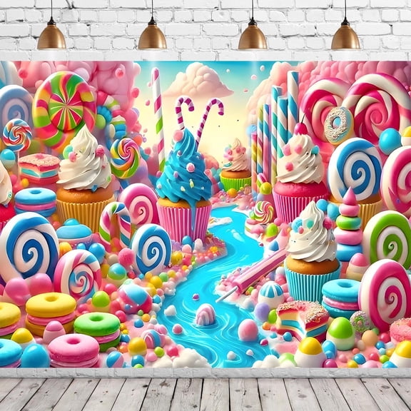Candyland Birthday Backdrop Whimsical Candy Ice Cream River Birthday Background Pink Clouds Lollipop Birthday Celebration Party Decorations Banner Supplies Photo Booth Props