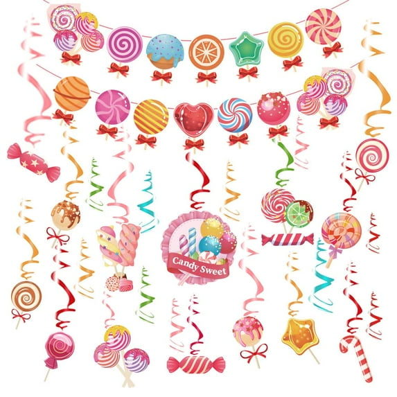 Candyland Party Decorations, Candy Birthday Party Decortions for Gril Kids with Candy Lollipop Hanging Swirls, Banner For Baby Shower, Nursery, Birthday Party Decors