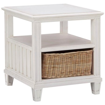 Cane Bay Bright White Wood End Table with Rattan Basket