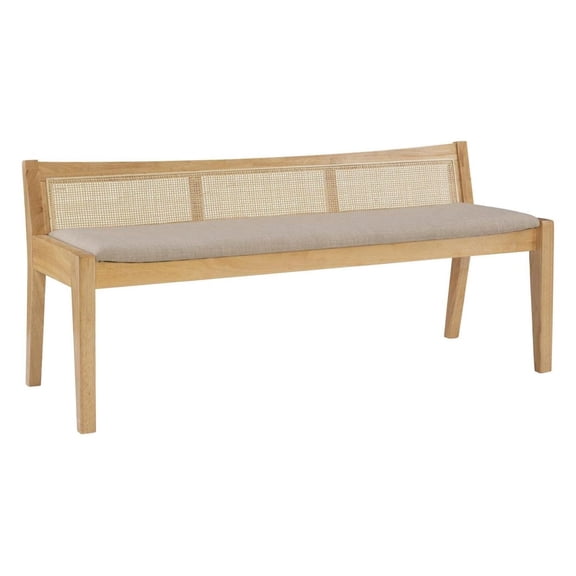 Cane Bench - Beige Upholstered Seat, Woven Back - Solid Wood Frame - Elegant Entryway Seating - 52" L
