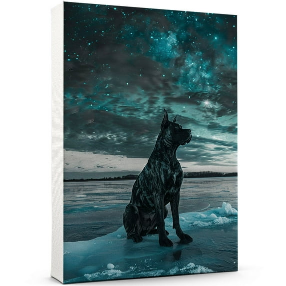 Cane Corso Christmas Canvas Wall Art Cute Dog Sitting Winter Night Snow Picture Prints Painting Vintage Artwork for Home Decor Frame