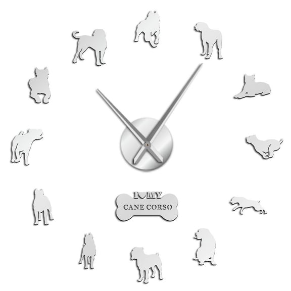 Cane Corso Dog Frameless Wall Clock Stickers, DIY Modern Decorative Clocks for Living Room, Bedroom, Office - Easy to Install, Large 3D Clock Design (Silver,27in)
