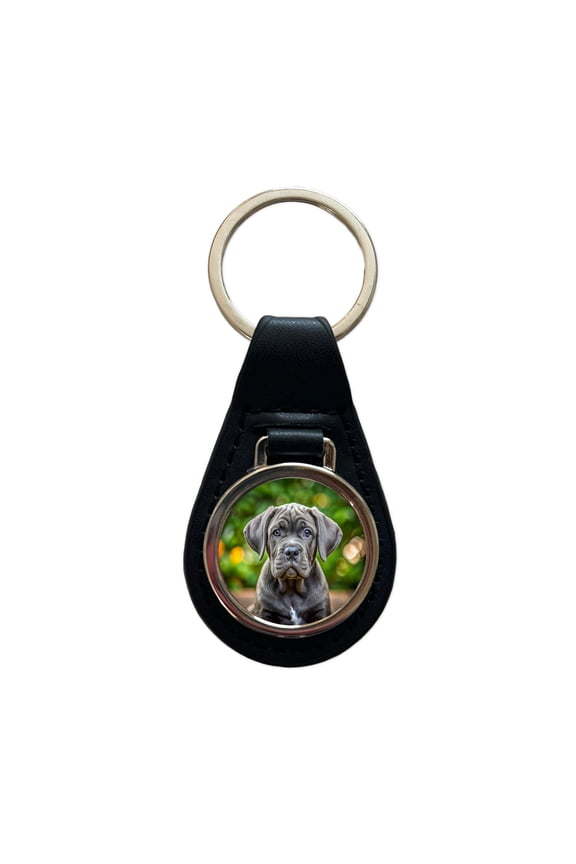 Cane Corso Dog Puppy Photo Metal Black Leather Keychain