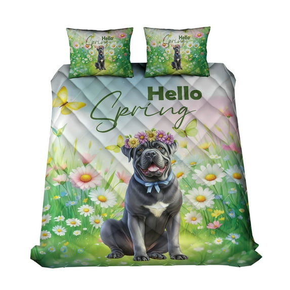 Cane Corso Hello Spring Time Flower Floral Nature Quilt Bedding Set Italian Mastiff Dog Lover Gifts Idea 1 Blanket Bed Cover 2 Pillowcases - 02031