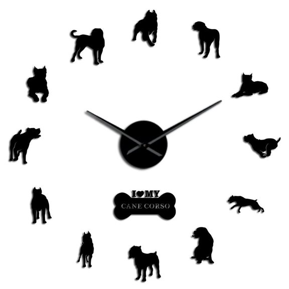 Cane Corso Italiano Dog Breed of Mastiff Modern Design 3D DIY Wall Sticker Clock Hunting Dog DIY Large Wall Watch Home Decor(Black,27inch)