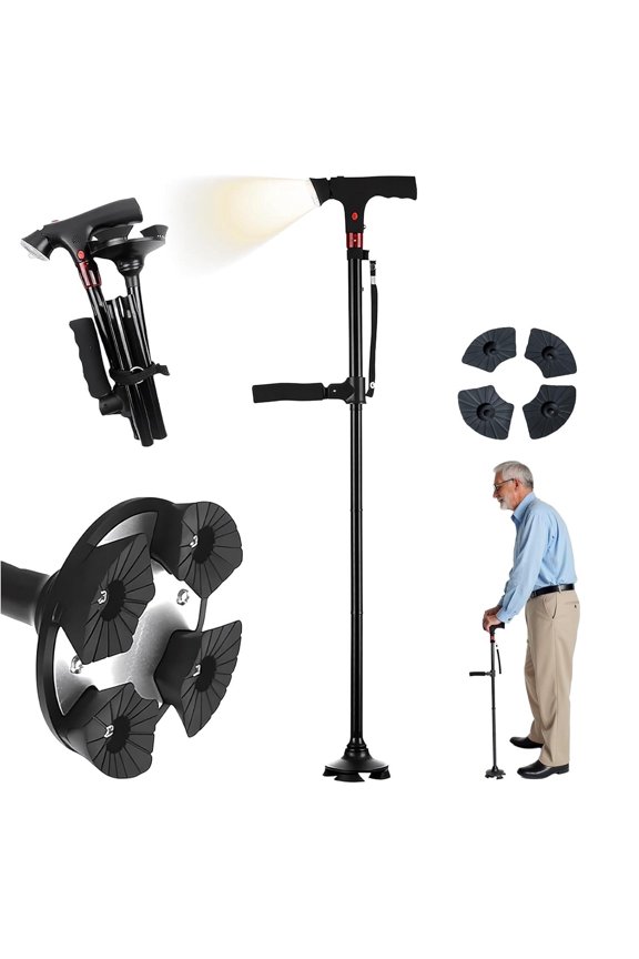 Cane Hero Walking Cane Foldable Adjustable Smart Cane with LED Light & Alarm, Four-Leg Base, Double Handles, Includes Storage Bag & Anti-Slip Tip (1 PC)