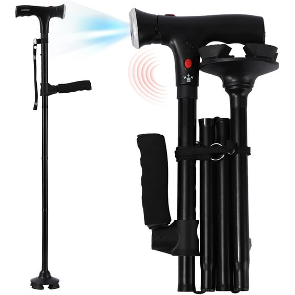 Cane Hero Walking Cane, Ready Walker Cane with Light and Alarm, Smart Walking Cane for Women, Adjustable Suitable for Arthritis Disabled and Elderly, with Cushioned T Handle and Swivel Four Pedestal