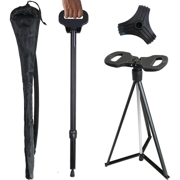 Cane with Seat Portable Walking Stick Folding Chair Lightweight Aluminum Mobility Aid Crutch Chair Height Adjustable with Carry Bag for Seniors Elderly Handicap Waiting/Queuing/Fishing