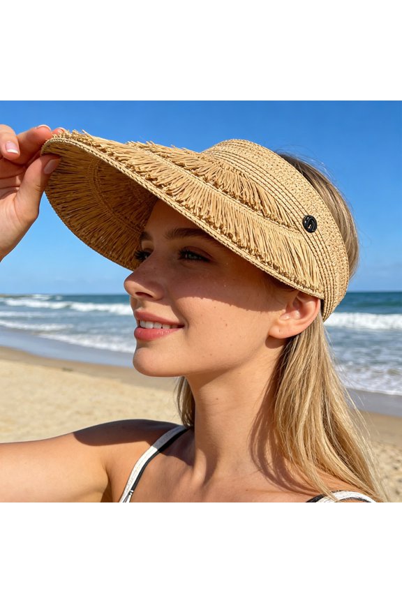 Cane Sun Visor Hat for Women, Wide Border Summer Beach Hat, Foldable Roll-Up Packable Travel Visor with Sunlight Protection