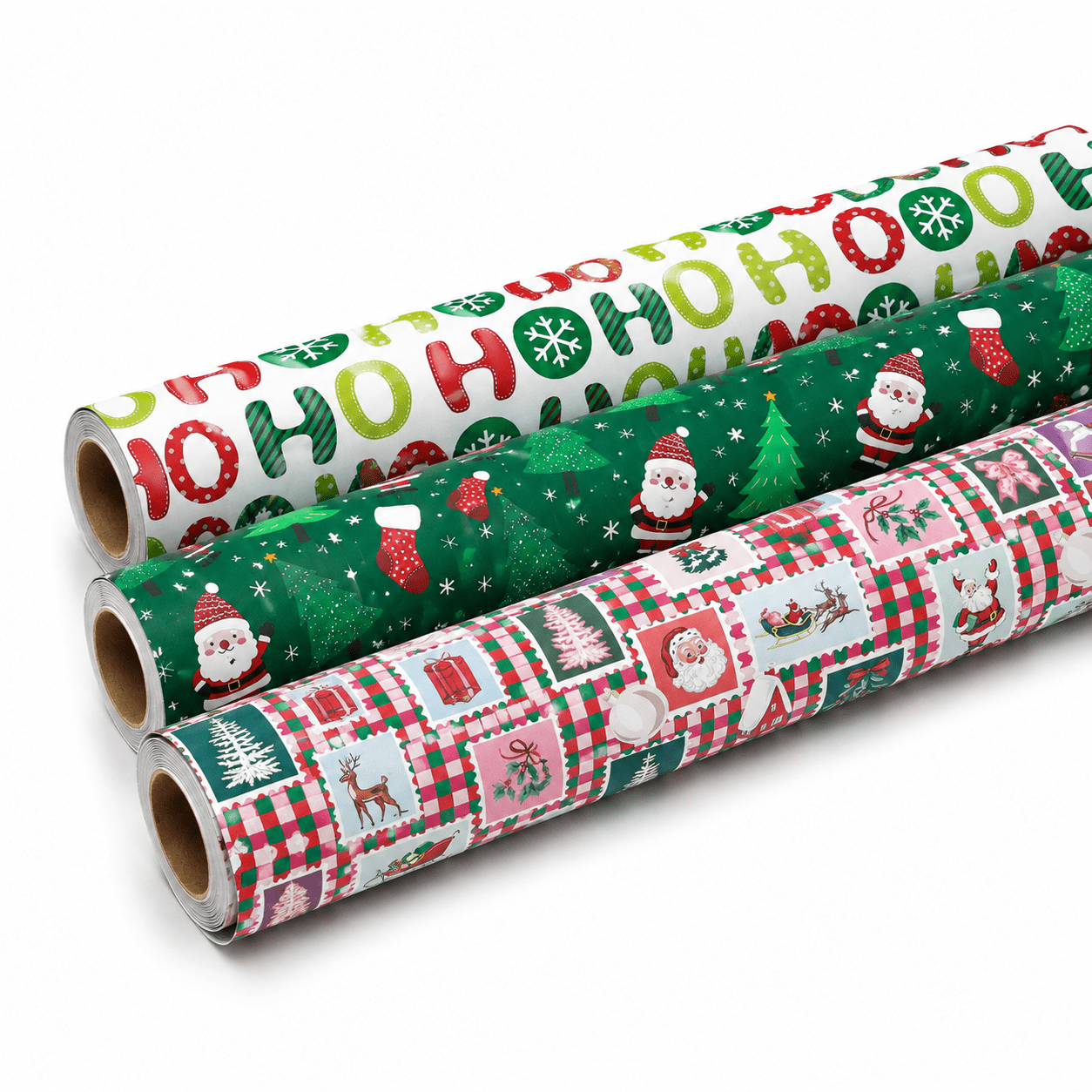 Caneden 3‑Pack Coated Wrapping Paper Rolls, Ho Ho Ho, Stamp & Santa ...