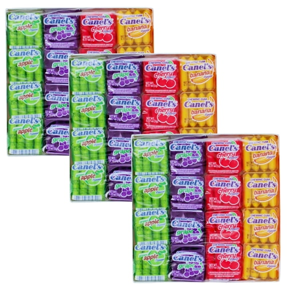 Canel’s Fruit Flavored Chewing Gum Variety Pack – 3 Boxes (16Ct Each) Green Apple Grape Cherry Banana Flavors, Wild Fruity Gum Candy for Party Favors Treats All Occasions