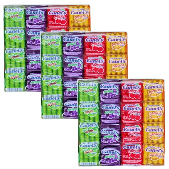 Canels Fruit Flavored Chewing Gum Variety Pack  3 Boxes (16Ct Each) Green Apple Grape Cherry Banana Flavors, Wild Fruity Gum Candy for Party Favors Treats All Occasions