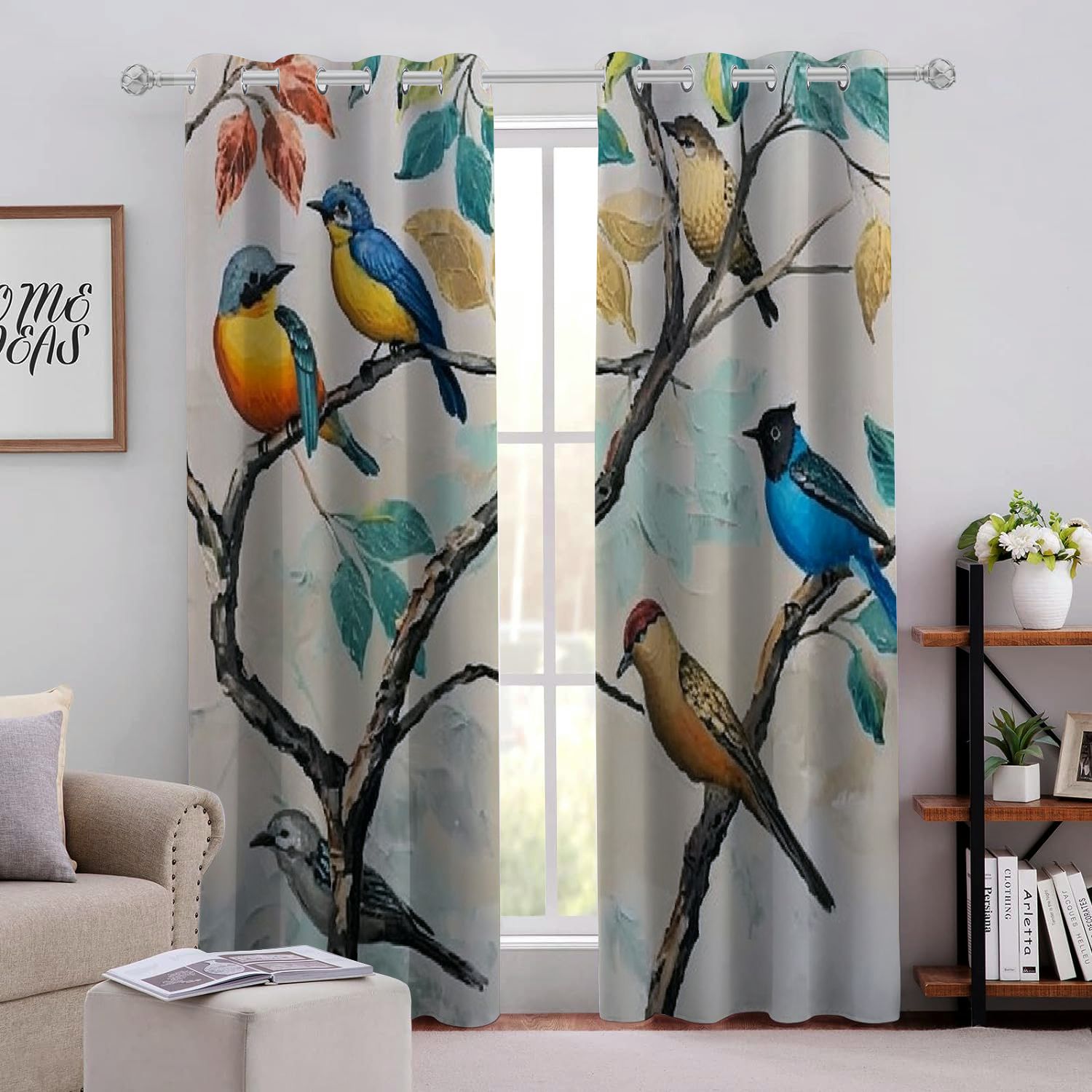 Canfashion Birds Tree Branch Nature Perforated Blackout Curtains 2Pack Fashionable Thermal