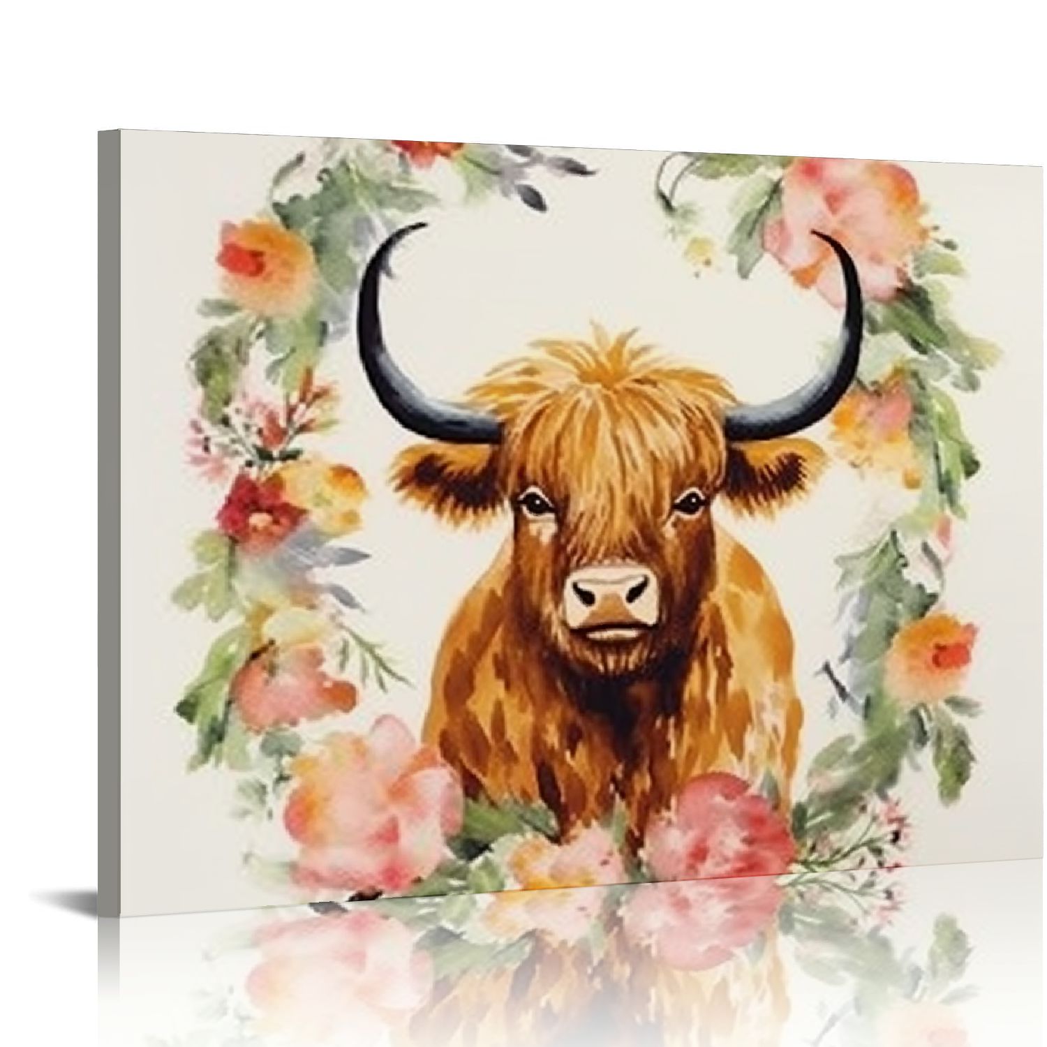 Canfashion Bull Flowers Wreath Canvas Print Wall Decor, Set of 2, Ideal