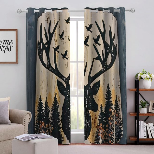 Canfashion Deer Head Birds Folk Art Perforated Light Blocking Curtains