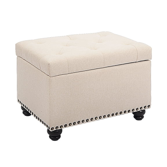 CangLong 24 Inch Tufted Bedroom Storage Ottoman Bench, Linen Lift Top Upholstered Foam Padded Rectangular Footstool,Beige