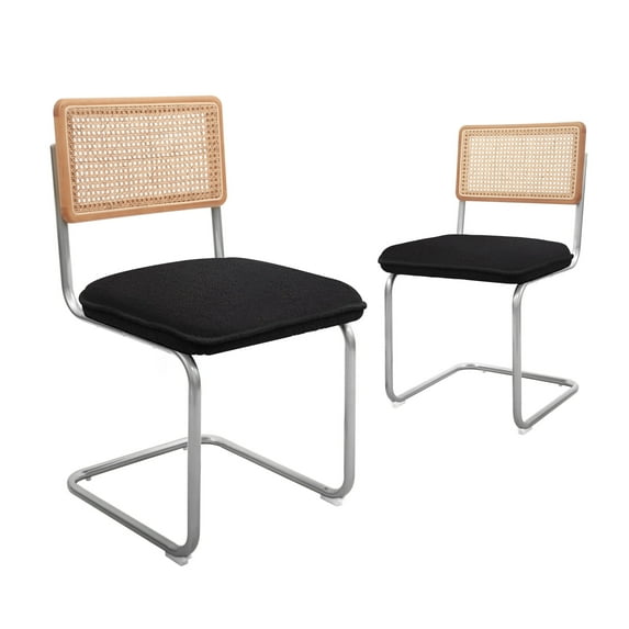 CangLong Mid-Century Modern Dining, Accent Rattan Kitchen, Armless Mesh Back Cane, Upholstered Velvet Chairs with Metal Chrome Legs, Set of 2, Black