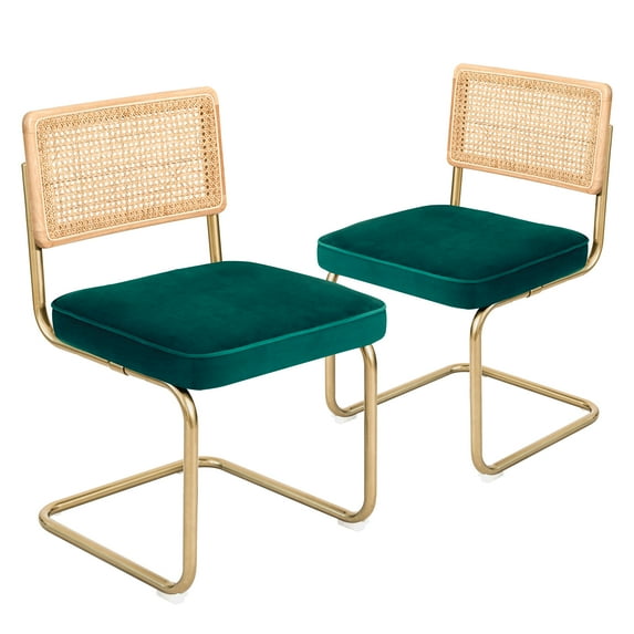 CangLong Mid-Century Modern, Natural Mesh Rattan Backrest, Upholstered Velvet Seat Armless Chairs with Metal Legs for Home Kitchen Dining Room, Set of 2, Green
