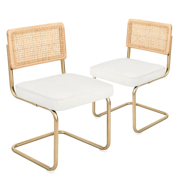 CangLong Mid-Century Modern, Natural Mesh Rattan Backrest, Upholstered Velvet Seat Armless Chairs with Metal Legs for Home Kitchen Dining Room, Set of 2, Velvet White