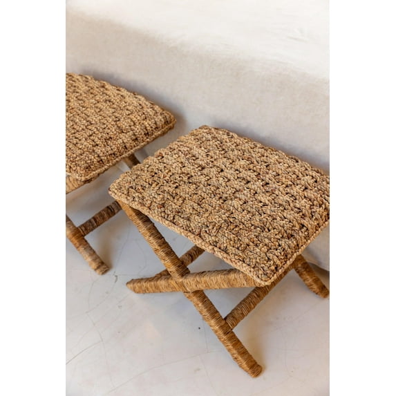 Canggu X Base Stool Handwoven Water Hyacinth Mahogany Frame Indoor Accent Seating Natural