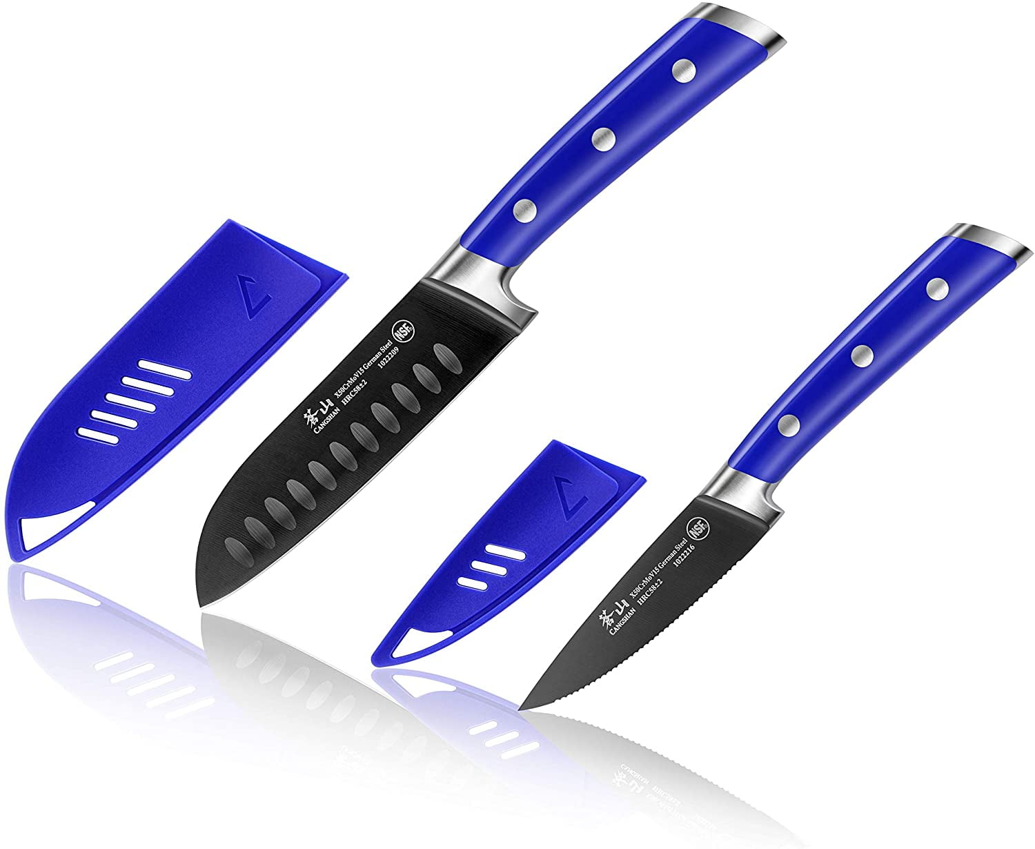 Cangshan S+ Series German Steel Forged 2-Piece Titanium Coated Santoku Starter Knife Set with Sheaths, Atlantic Blue