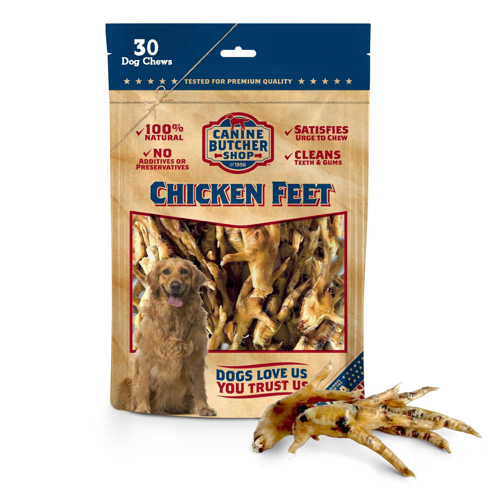 Canine Butcher Shop Chicken Feet Dog Treats, Raised & Made in USA (30Pack), Dehydrated Chicken