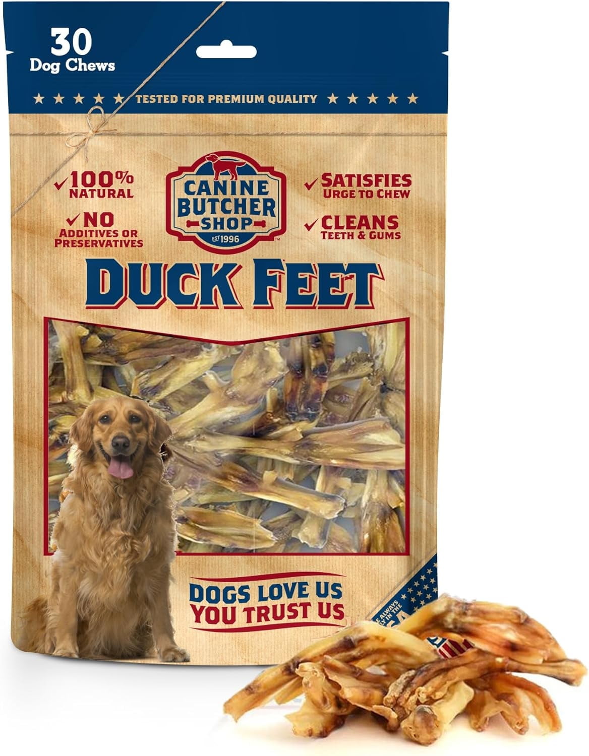 Canine Butcher Shop Duck Feet for Dogs (Pack of 30), Raised & Made in USA Dehydrated Duck Feet, All-Natural Dog Chews, Treats, Snacks