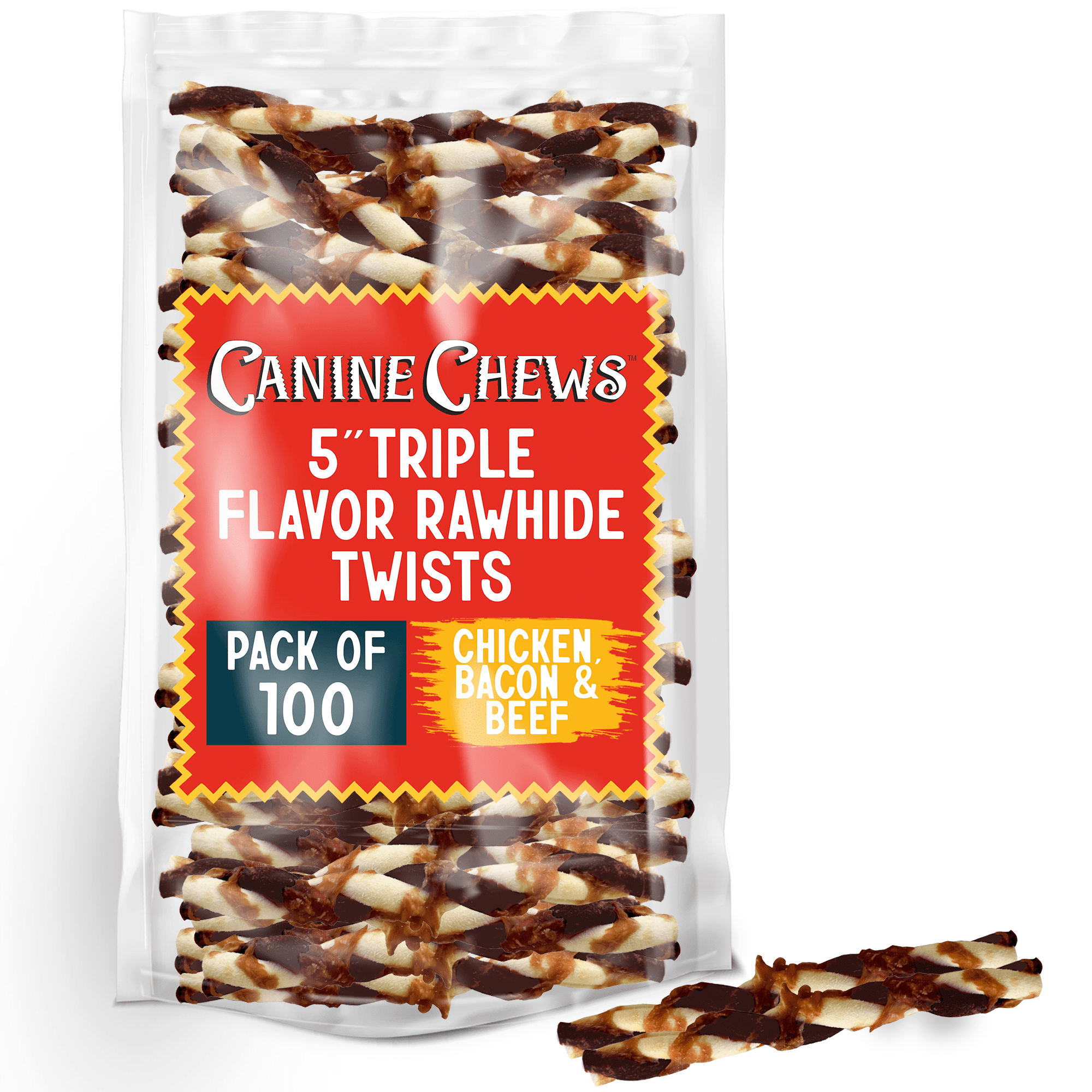 Canine Chews 5" Triple Flavor Rawhide Stick Twists for Small Dogs Dog
